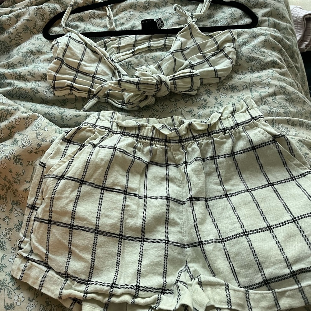 white gingham top and short set